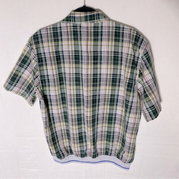 Jones New York Green Wht Plaid Short Sleeve Elastic Hem Snap Front Golf Shirt XL - Picture 2 of 14